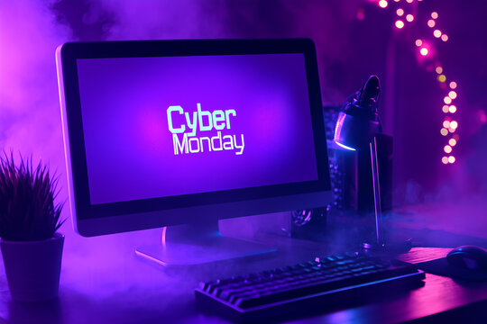 purple pixelated text "Cyber Monday" on a retro screen monitor with a glitch, empty room with neon lights and smoke background , sales, discounts , online shopping concept. - Powered by Adobe