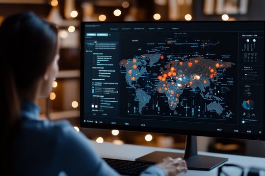 An analyst focused on a computer screen featuring a detailed world map visualization, highlighting global data points and network connections in a dimly lit room.