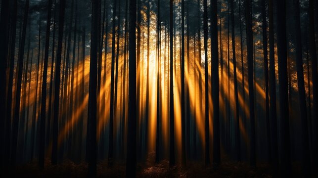 Sunlight beams through dense forest trees, casting dramatic shadows and creating a contrast between light and dark. A serene and mystical atmosphere is evoked by the interplay of shadows and light.