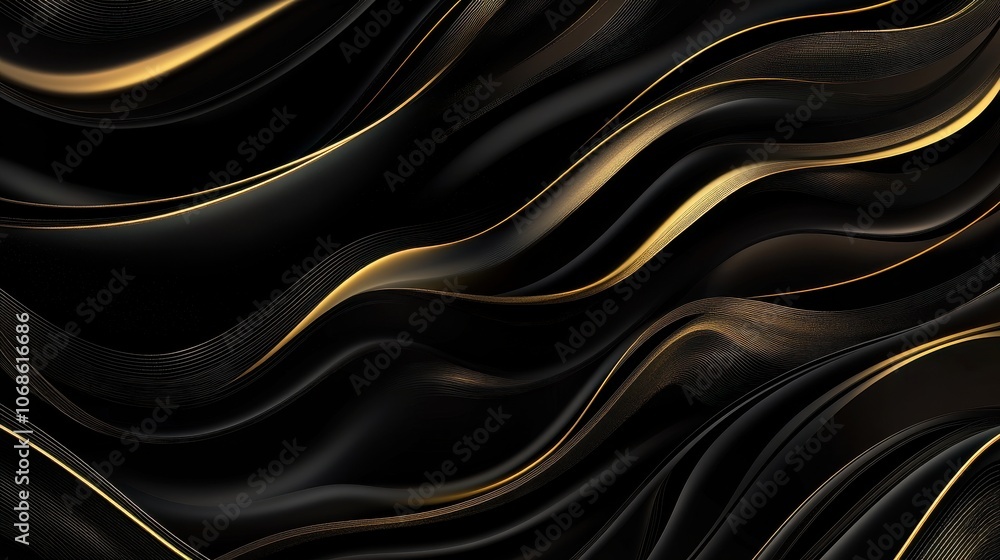 Poster an abstract design featuring flowing black and gold waves, creating a luxurious and sophisticated at