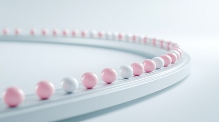 A circular arrangement of pink and white spheres on a smooth surface, creating a minimalistic and modern design aesthetic.