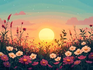 Serene Sunset Over Wildflower Fields