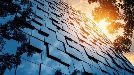 Striking modern glass office building with a geometric patterned facade reflecting the warm sunset scenery  Sleek contemporary architectural design in an urban corporate setting