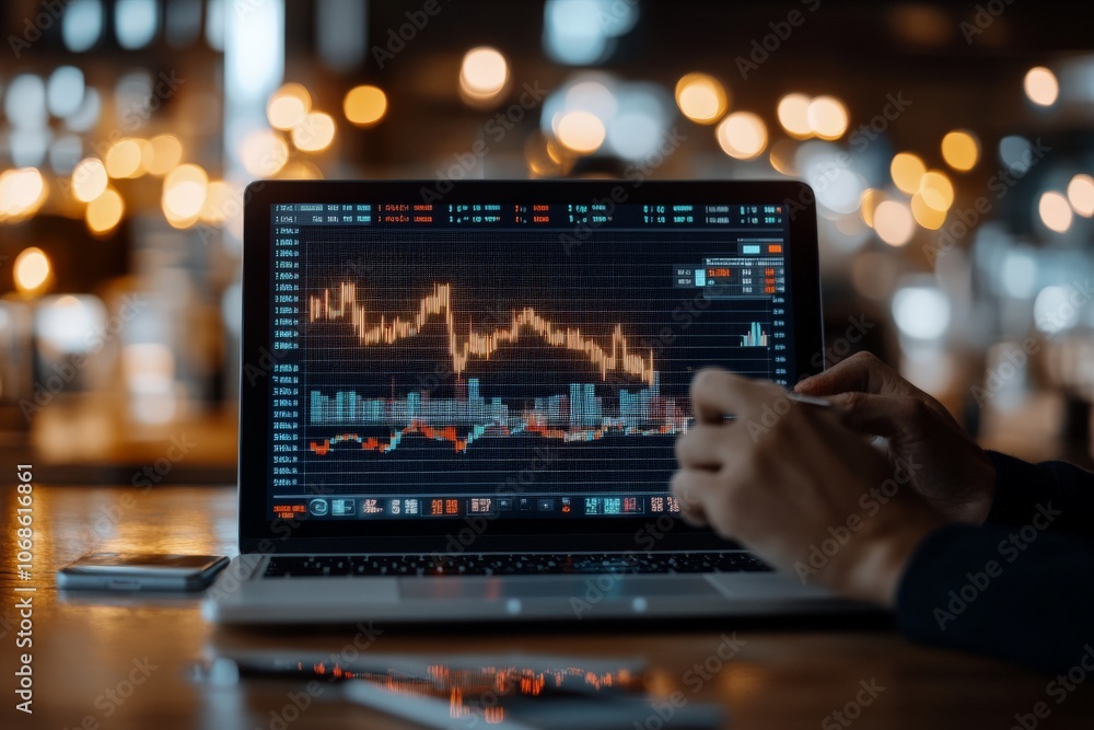 Poster a close-up of hands interacting with a laptop displaying a stock trading graph, set in a dimly lit e