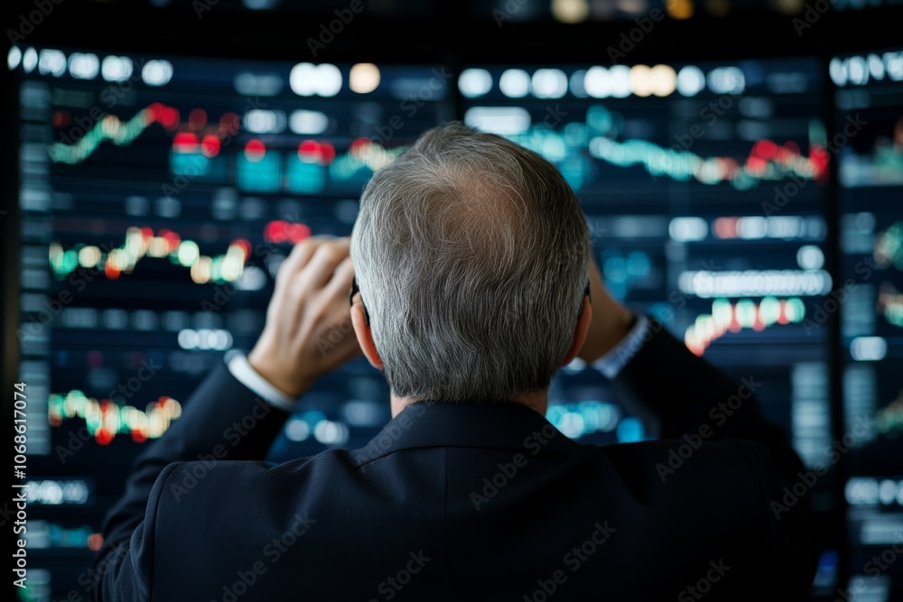 Poster a businessman intensely studies multiple screens displaying complex stock charts and data, focusing 