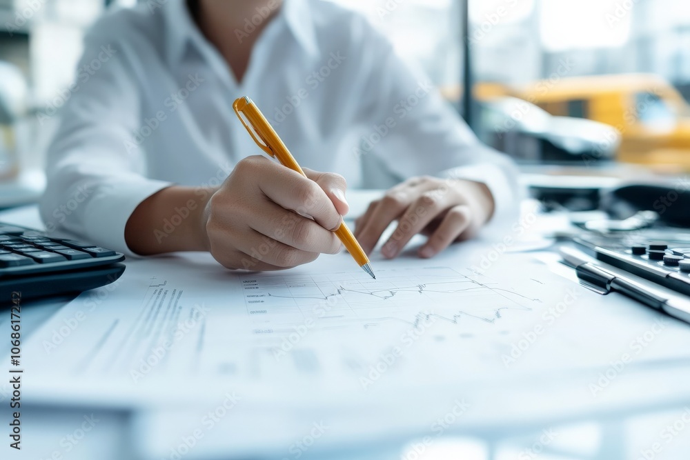 Poster a person is using a pen to write on printed graphs, surrounded by office tools, illustrating busines