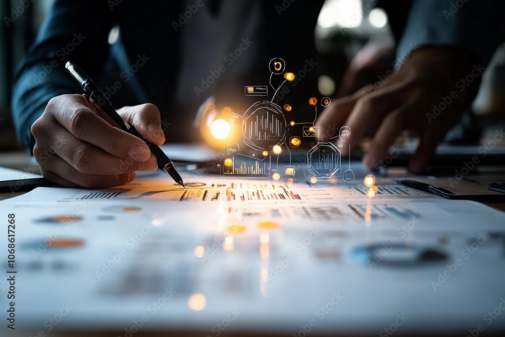 Poster a person's hands are actively involved with data analytics shown through advanced graphs and charts 