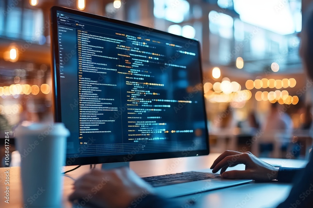 Poster a person typing code on a large computer screen surrounded by soft lighting and digital ambiance, ca