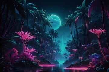 A futuristic tropical landscape with glowing neon plants and trees shining against a dark, moody backdrop.