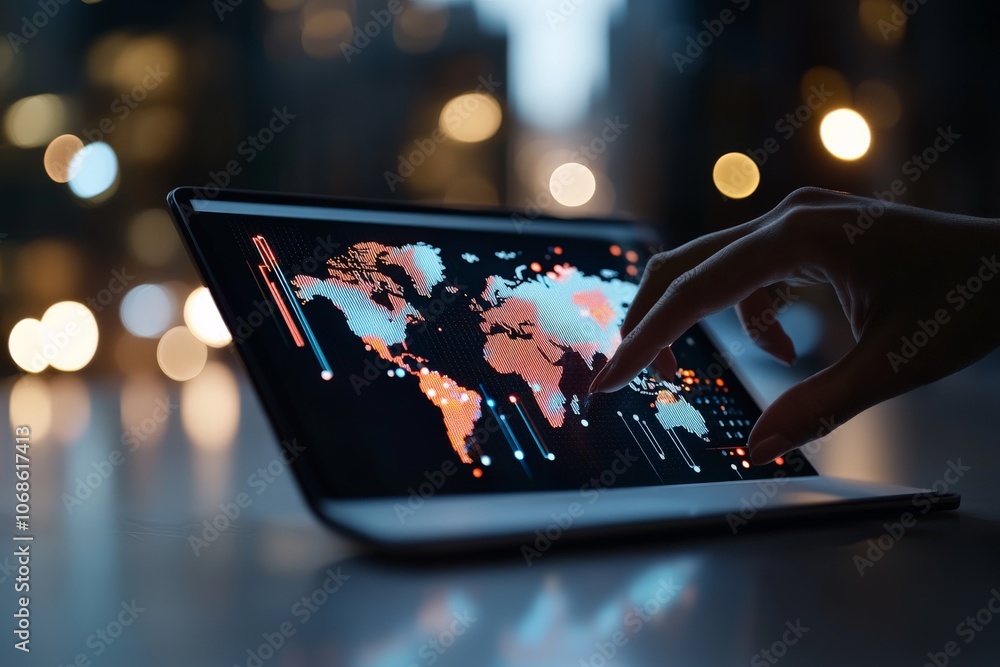 Poster a hand reaches out to touch a world map displayed on a tablet, symbolizing the powerful intersection