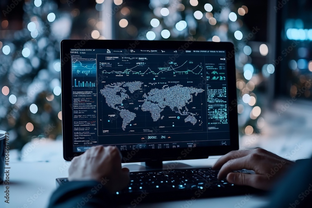 Poster a person using a computer to analyze global data and trends with advanced technology, featuring a wo