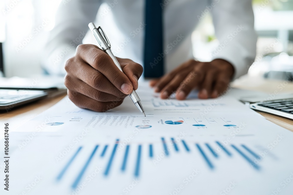 Poster a close-up shot of a person's hand using a pen to write on a paper filled with financial charts and 