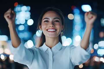 A woman, beaming with excitement, raises her arms triumphantly against a backdrop of vibrant city lights, symbolizing personal achievement and exhilarating success.
