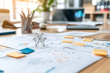 The image features a modern office desk covered with reports, graphs, and colorful notes, with a wireframe geometric sculpture as the centerpiece, embodying innovation.