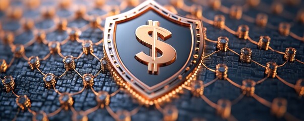 The image features a gold dollar sign on a shield, symbolizing financial security and protection within a digital network.