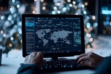 A person using a computer to analyze global data and trends with advanced technology, featuring a world map on the screen in a futuristic office setting.