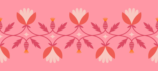 Fototapeta premium Folk floral seamless horizontal border. Traditional slavic scandinavian ornament with rustic embroidery motifs. Clean flat minimal geometric shapes in unique reflected elegant print.