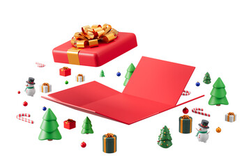 Red gift box and holiday elements like trees and snowmen on a white background. Perfect for Christmas or New Year themes. 3D Rendering