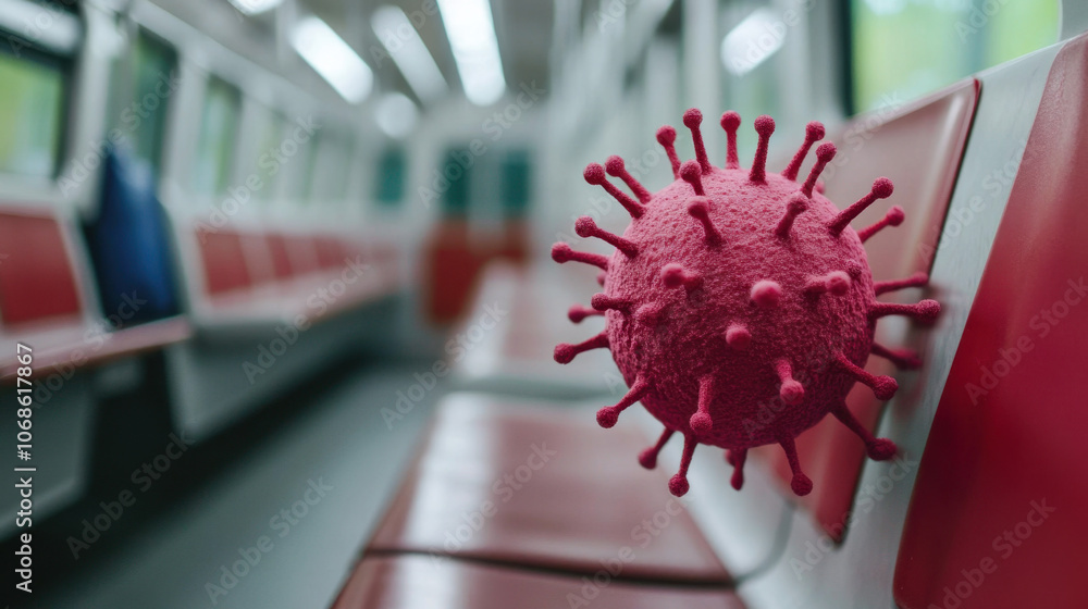 Poster a close-up of a virus floating in a nearly empty subway car, highlighting concerns about public heal