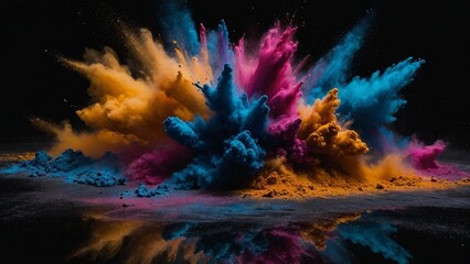 Coloured powder explosion against a black backdrop