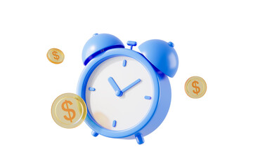 Blue alarm clock with floating dollar coins, isolated on white background. Concept of time and money. 3D Rendering