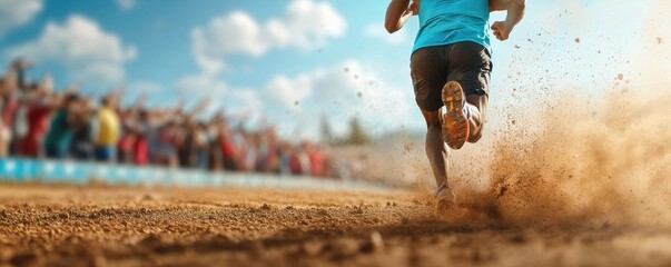 A runner races down a dusty track, with an enthusiastic crowd cheering in the background on a sunny day.