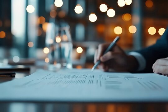 A pen writes on a document under gentle lighting, highlighting detail-oriented work in an office setting, embodying a modern, focused, professional atmosphere.