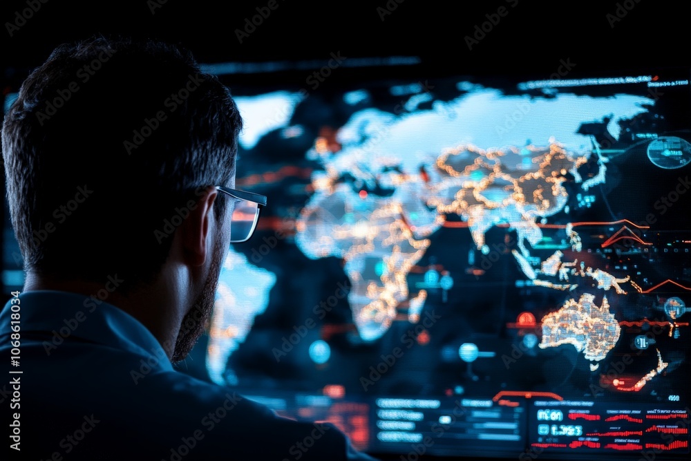 Poster a professional analyzing global economic data on a large digital screen, examining world maps and st