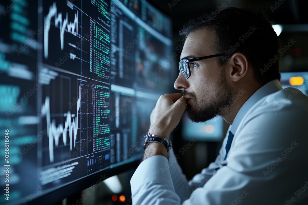 Poster a focused analyst examining data charts and graphs displayed on multiple monitors, portraying financ