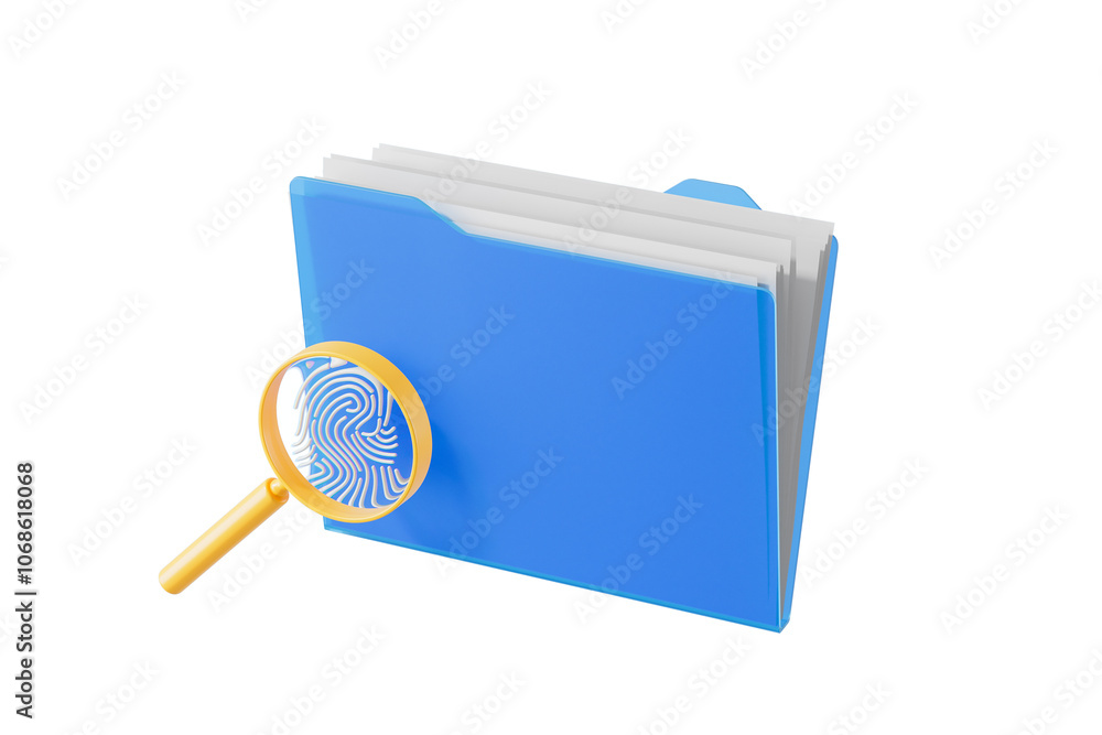 Poster blue folder with yellow magnifying glass highlighting a fingerprint on a white background. concept o