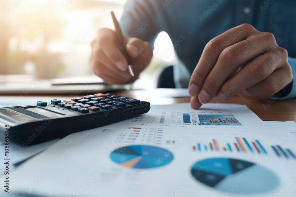 Poster a hand holds a pen over paper with graphs and a calculator, signifying attentive financial or statis