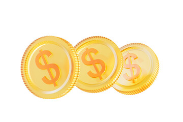 Three golden coins with dollar signs on white background, showcasing currency and finance symbols. Concept of wealth. 3D Rendering