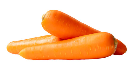 Side view of fresh orange carrot roots in stack isolated with clipping path in png file format
