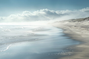 Calm coastline at sunrise with gentle waves and foggy clouds
