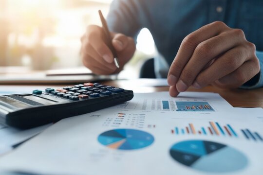 A hand holds a pen over paper with graphs and a calculator, signifying attentive financial or statistical work within a business or educational setting.