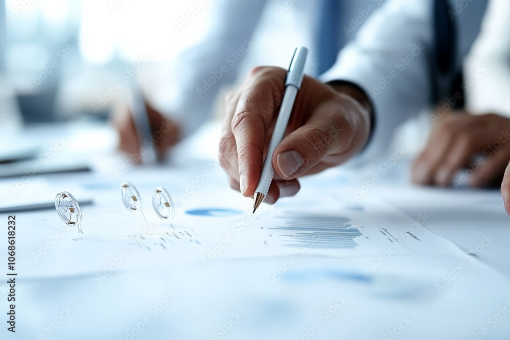 Poster a close-up of a person writing on a document, showcasing data analysis with charts and graphs, symbo