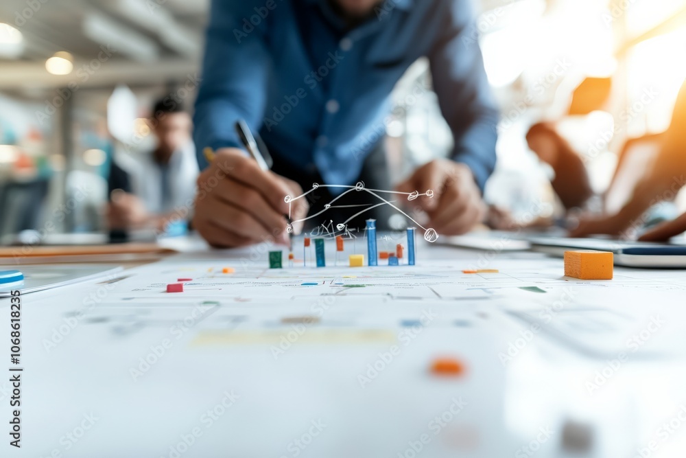 Poster a businessman strategizing with 3d data structures on a paper, using colorful blocks, exemplifying p