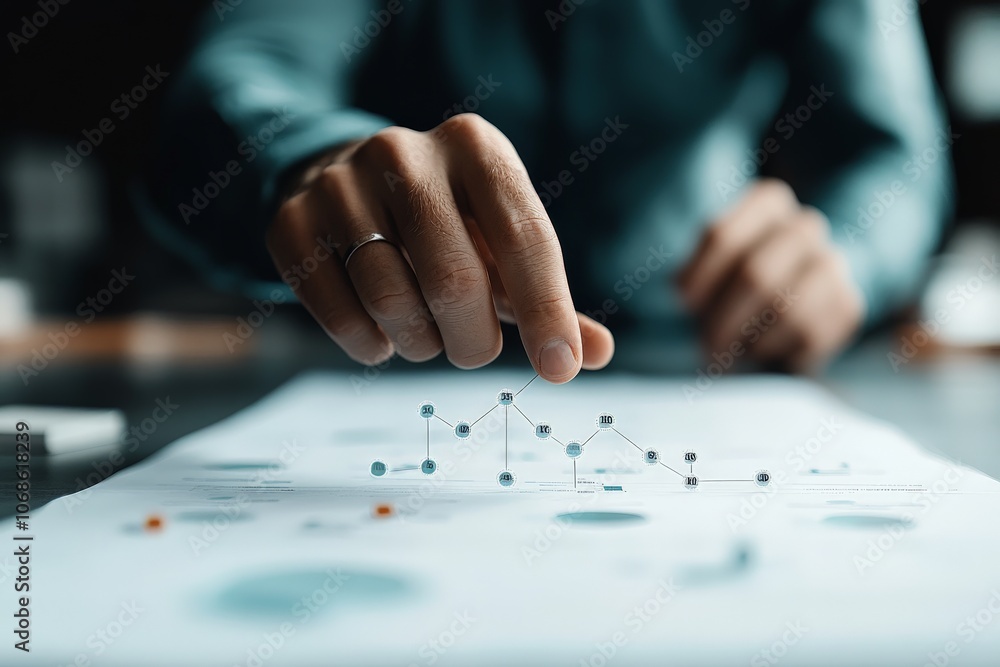 Poster hand reaching towards data peaks on a printed graph, symbolizing control and precision, capturing fo