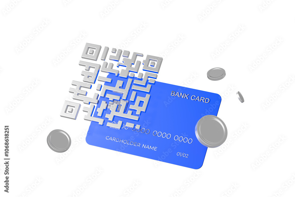 Poster blue bank card with qr code and floating coins on a white background, illustrating digital payments 