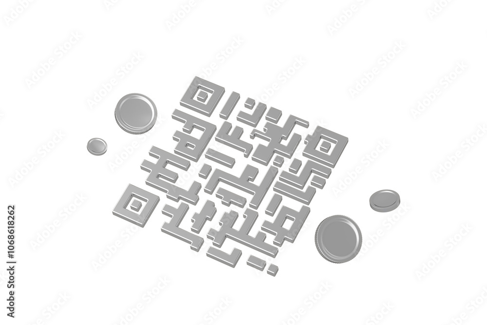 Poster silver qr code and coins on isolated white background, representing digital currency and modern fina