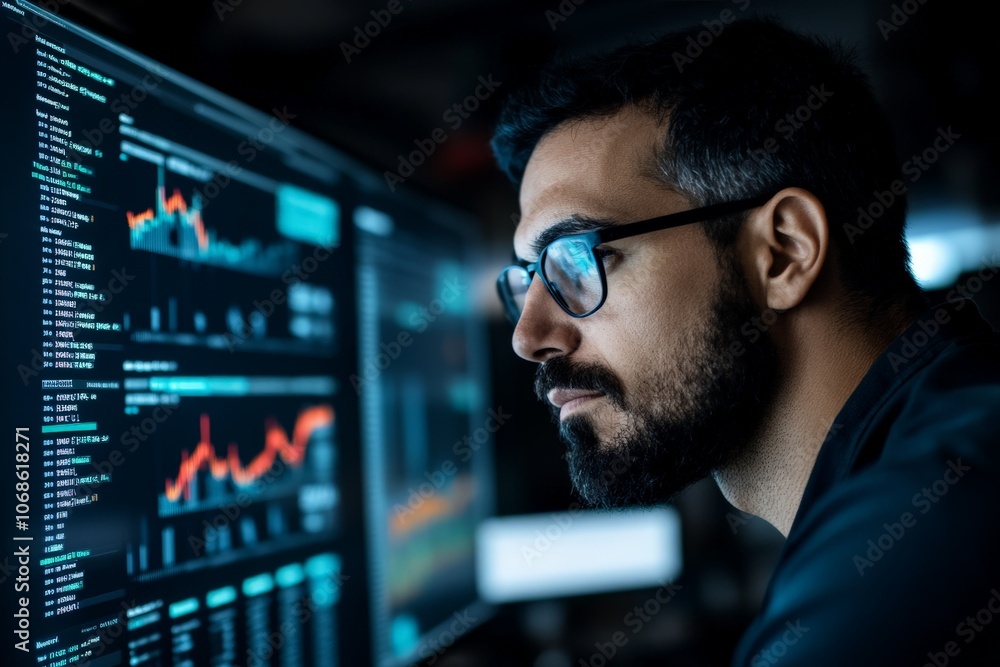 Aufkleber an analyst wearing glasses focuses on data displayed on a computer monitor, highlighting analysis, c