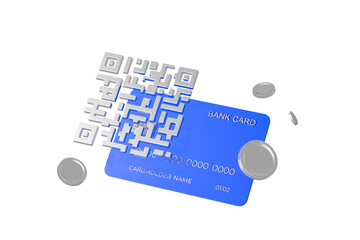 Blue bank card with QR code and floating coins on a white background, illustrating digital payments and transactions. 3D Rendering