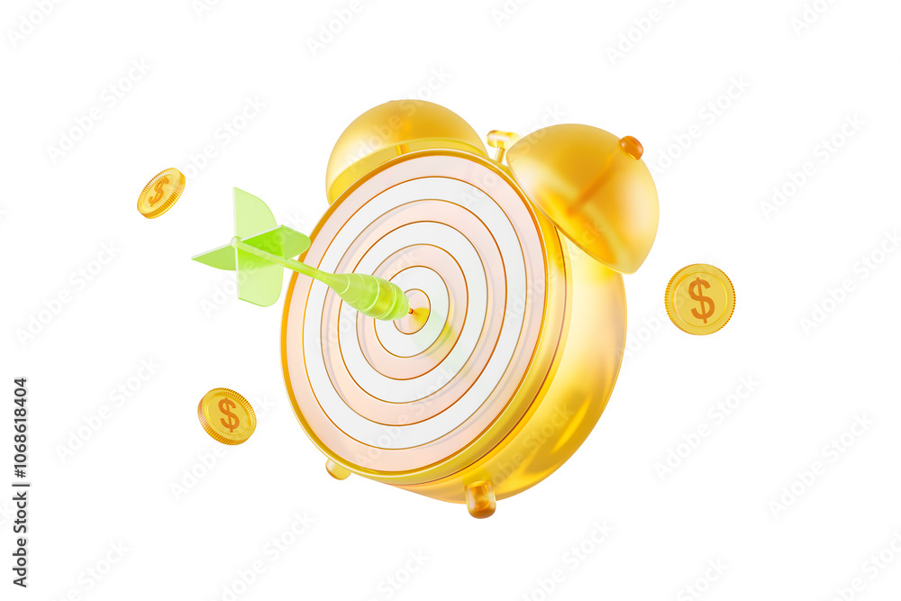 Poster golden alarm clock with a target and arrow, surrounded by coins, isolated on a white background. con