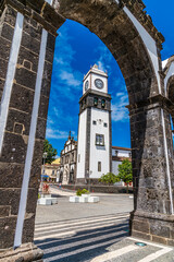 A view through  the City Gates towards Main Church of San Sebastian in Ponta Delgada on the island...