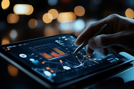 A close-up of a hand operates a tablet with a stylus, manipulating data graphs, symbolizing modern technology, innovation, and digital data analysis. - Powered by Adobe