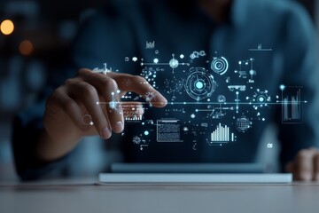 A person touches a tablet with holographic data elements floating above, representing digital interaction and technology in a futuristic manner.