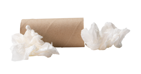 Side view of screwed or crumpled white tissue paper ball with cores or tube in stack isolated with clipping path in png file format