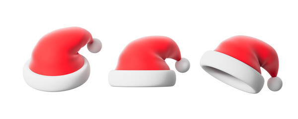Santa hats isolated on a white background, creating a festive design template concept. 3D Rendering