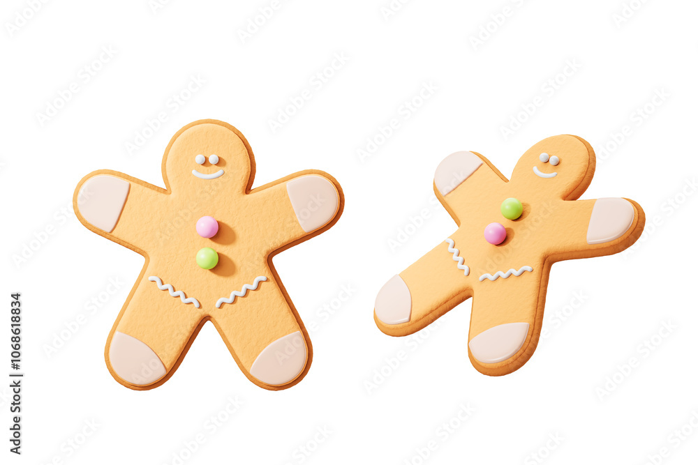 Aufkleber two gingerbread cookies with icing smiles and colorful buttons on a white background. christmas trea