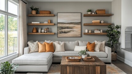 Modern Living Room with Sectional Sofa and Wooden Shelves